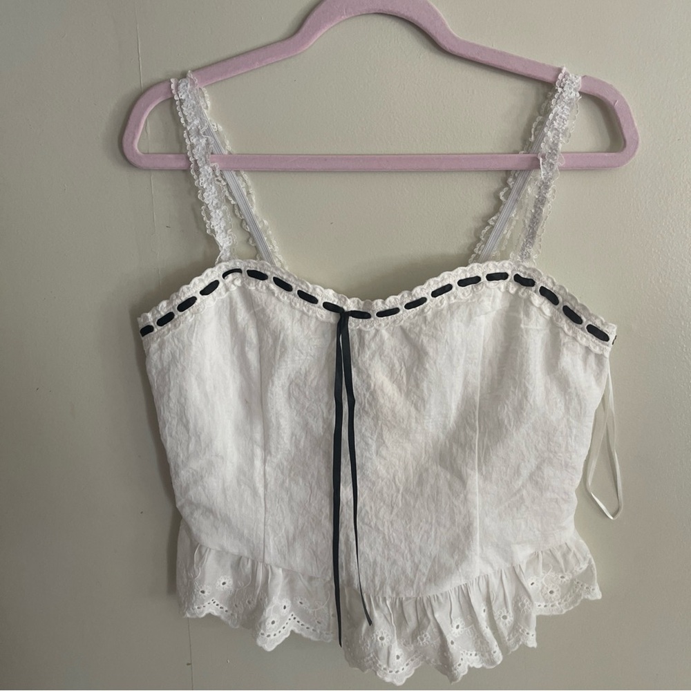 Thirty Thirty Corset Paola Slotted Ribbon Embroidered Peplum ruffles Cute Top L